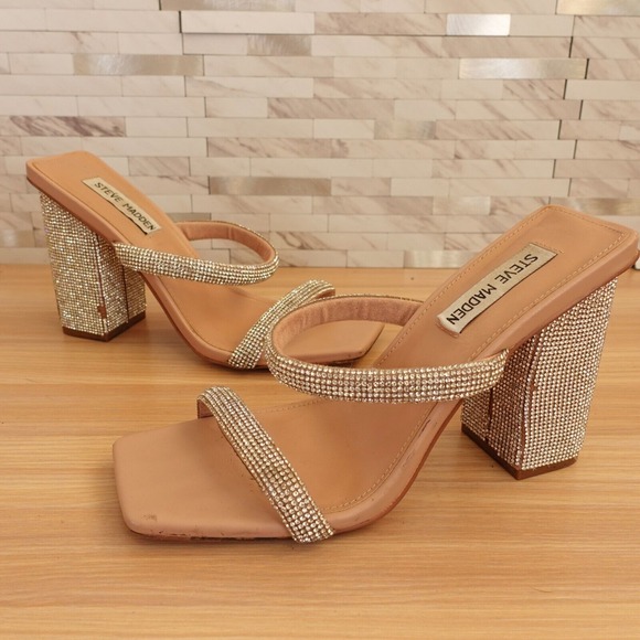 STEVE MADDEN Nude Sandals 7 Heel Slip On Sparkle Square Rhinestone Party Wedding - Picture 1 of 16